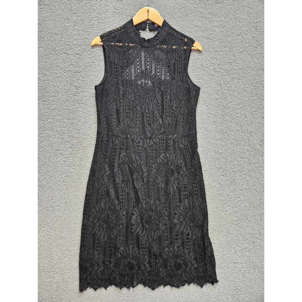 Karl Lagerfeld Paris Lace Sheath Dress 8 Black High Neck Pearl Keyhole LBD
